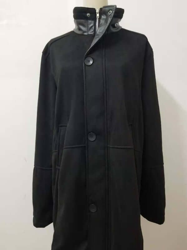 Men's mid-length loose zipper woolen coat in black with slant pockets and a stylish collar, perfect for spring-summer.