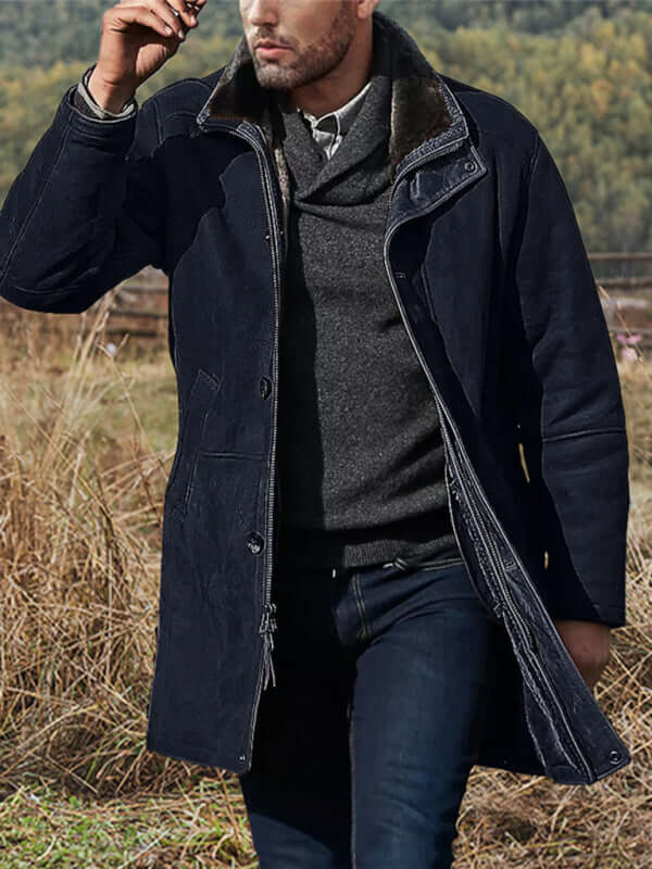 Men's mid-length loose zipper woolen coat in dark blue, perfect for spring-summer leisure wear.