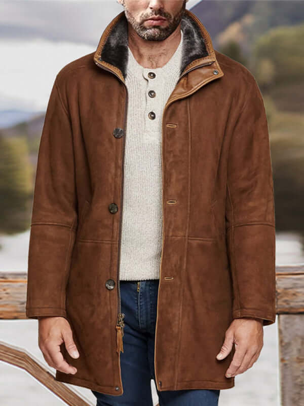 Men's brown mid-length zipper woolen coat with slant pockets, perfect for spring-summer leisure wear.