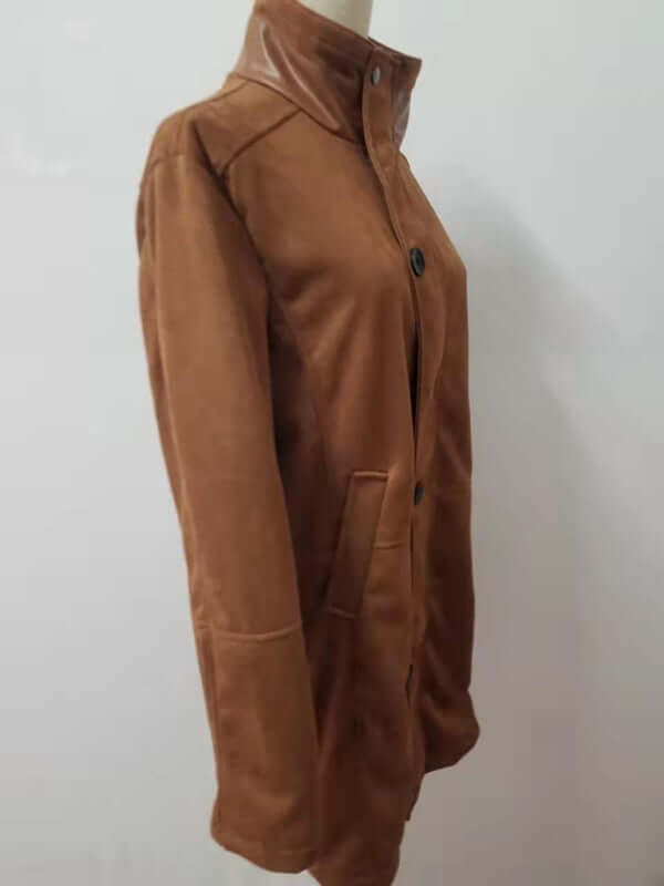 Men's mid-length loose zipper woolen coat in brown; features slant pockets and a stylish collar.