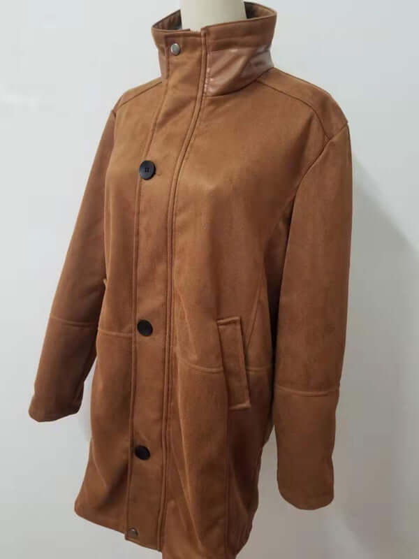 Men's mid-length loose zipper woolen coat in brown with slant pockets and buttons, ideal for spring-summer wear.