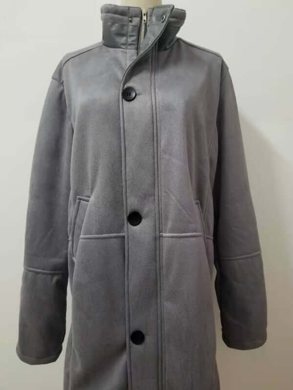 Men's mid-length loose zipper woolen coat in gray with slant pockets and slightly elastic fabric.