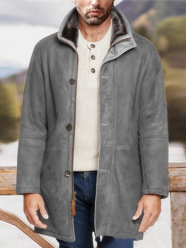 Men's mid-length loose zipper woolen coat in gray, featuring slant pockets and a casual style for spring-summer.