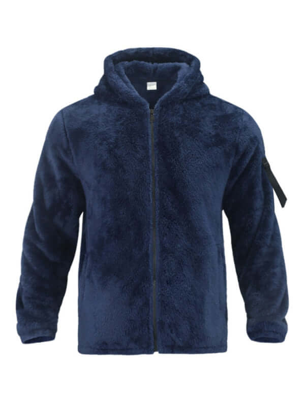 Men's warm navy hooded jacket made of soft polyester, perfect for casual spring-summer outings.