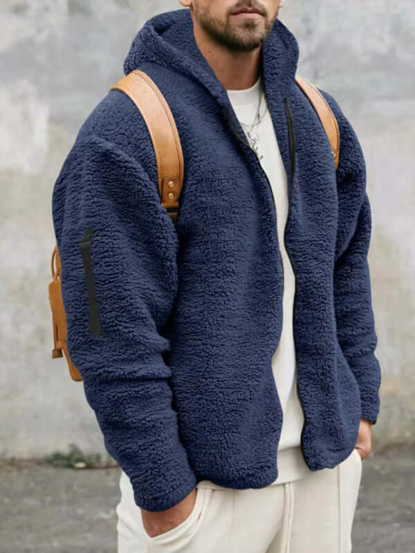 Men's warm, loose hooded jacket in navy blue, perfect for casual outings in spring and summer.