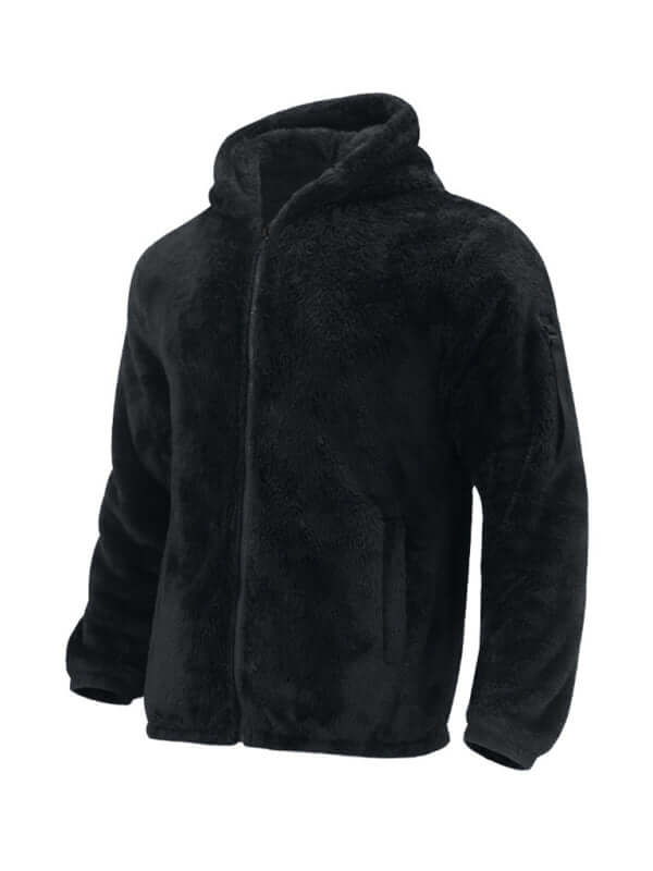 Men's warm black hooded jacket made of 100% polyester, perfect for casual spring-summer wear.