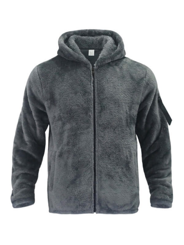 Men's warm gray loose hooded jacket featuring a soft fleece material and slant pockets for casual wear.