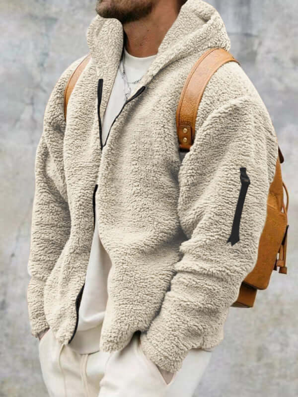 Men's warm, loose hooded casual jacket in beige, featuring slant pockets and a relaxed fit, perfect for spring-summer style.