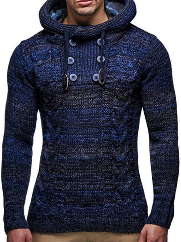 Men's casual knit button-up turtleneck sweater in dark blue, featuring a hood and dropped shoulder design.