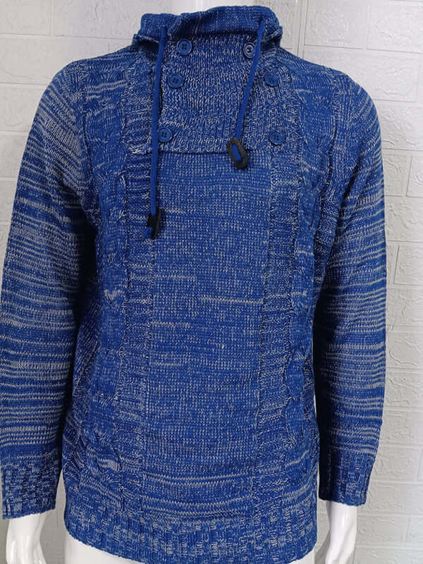 Men's casual knit turtleneck sweater in blue, featuring dropped shoulder sleeves and a stylish button-up design.