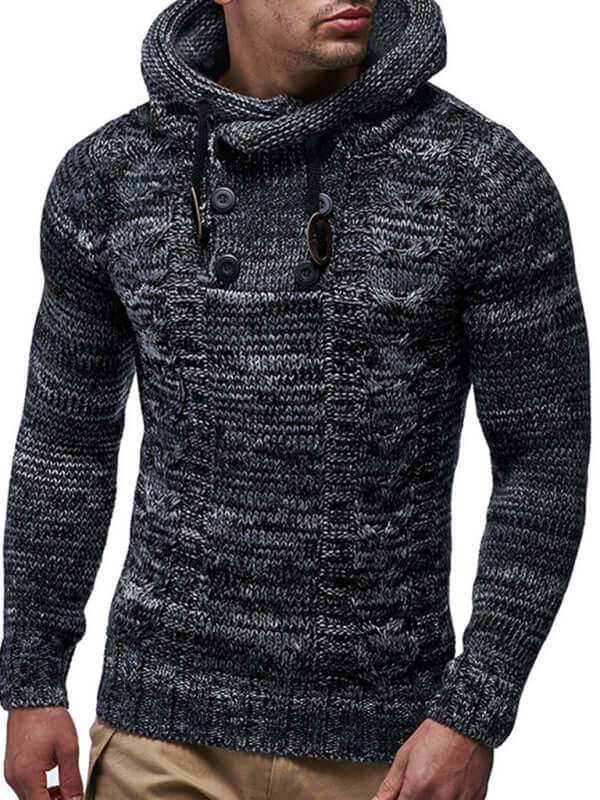 Men's casual knit button-up turtleneck sweater in black with hood and buttons, perfect for autumn-winter style.