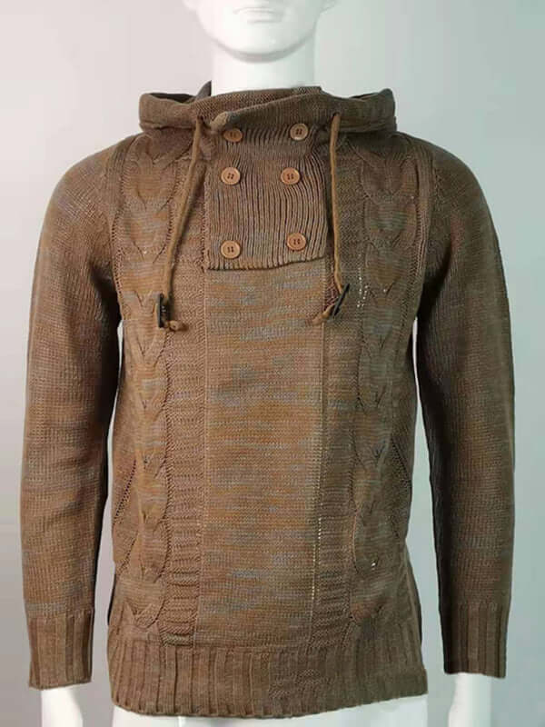 Men's casual knit button-up turtleneck sweater in brown, crafted from 100% polyester, ideal for autumn-winter wear.