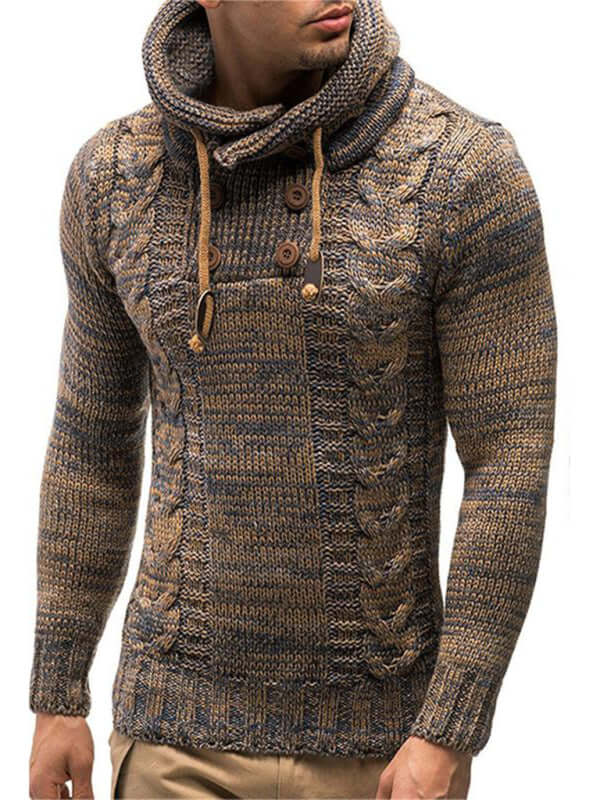 Men's casual knit button-up turtleneck sweater in brown and blue hues, featuring a cozy hood and button detail.