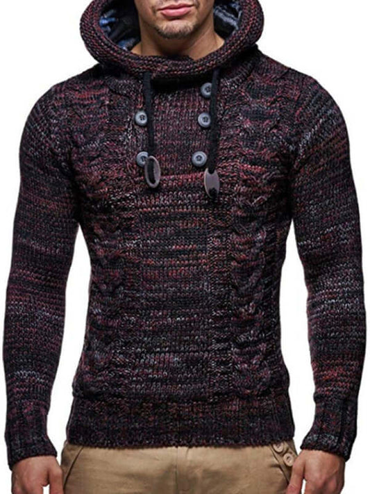 Men's casual knit button-up turtleneck sweater with dropped shoulder sleeves, perfect for autumn-winter style.