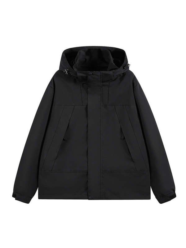 Unisex waterproof windproof jacket with removable hood in solid black design for autumn-winter leisure wear.