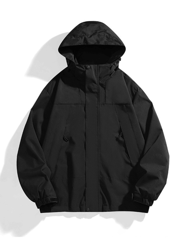 Black unisex couple jacket with removable hood, waterproof and windproof, perfect for autumn and winter.