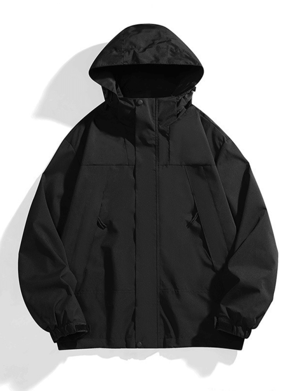 Unisex couple jacket with removable hood, waterproof and windproof, solid black, perfect for autumn and winter.