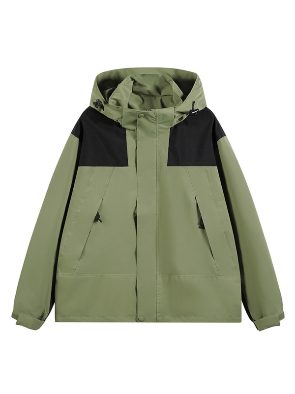 Unisex couple jacket with removable hood, waterproof and windproof, in olive green and black color.