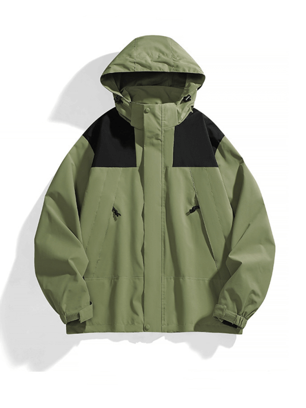 Unisex waterproof windproof couple jacket with removable hood in olive green color.