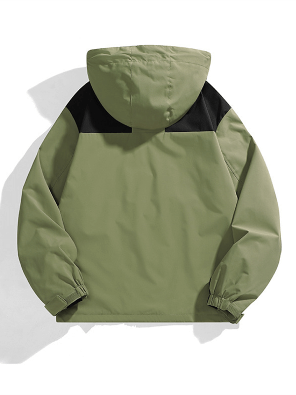 Unisex couple jacket with removable hood in olive green, waterproof and windproof, perfect for autumn and winter.