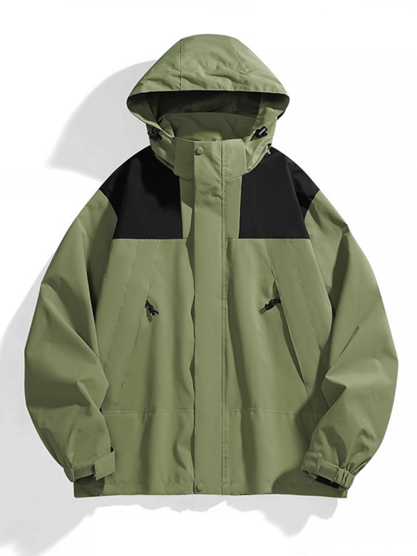 Unisex couple waterproof windproof jacket in olive green with removable hood, suitable for autumn-winter.