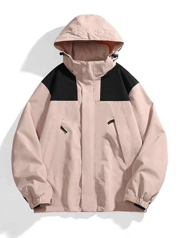 Unisex couple jacket with removable hood in pink and black, waterproof and windproof for autumn-winter leisure.