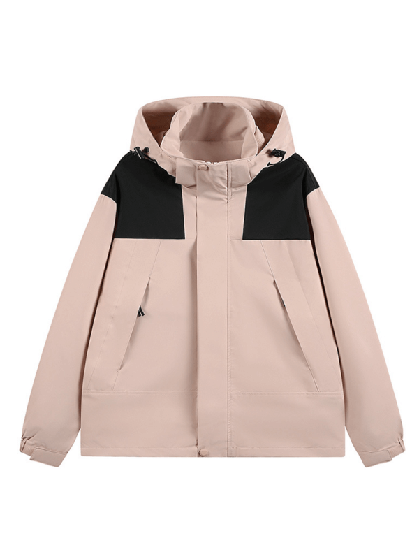 Unisex couple jacket in pale pink and black, waterproof and windproof with removable hood, ideal for autumn-winter.