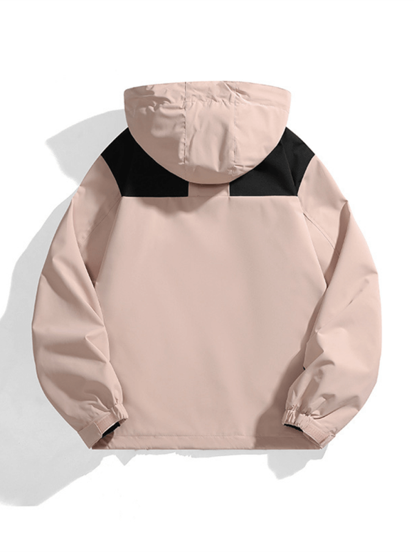 Back view of unisex waterproof windproof couple jacket in light pink with removable hood.