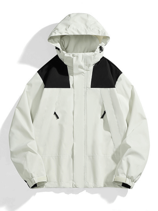 Unisex couple waterproof windproof jacket with removable hood in white and black, perfect for autumn-winter leisure.