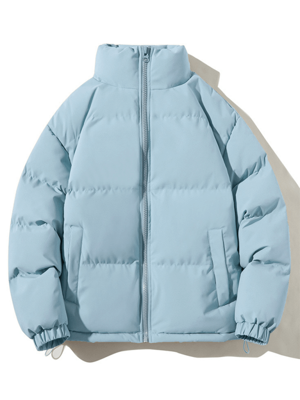 Light blue men's cotton coat with standing neck, two slant pockets, and a zip front for autumn-winter style.