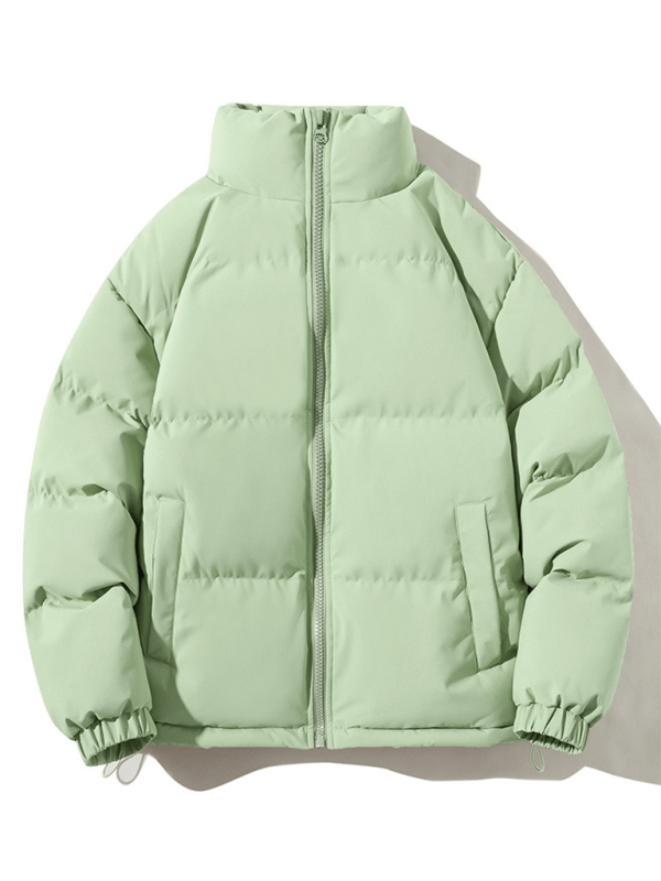 Light green men's cotton coat with standing neck and slant pockets for autumn-winter leisure wear.