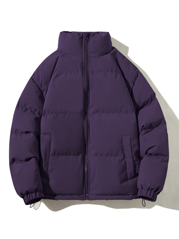 Men's purple puffer coat with standing neck and slant pockets for autumn-winter wear.