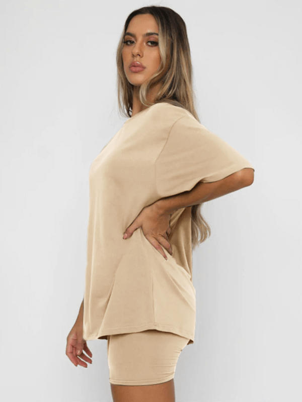 Women's solid color casual short-sleeved and shorts two-piece set in beige, perfect for spring-summer leisure wear.