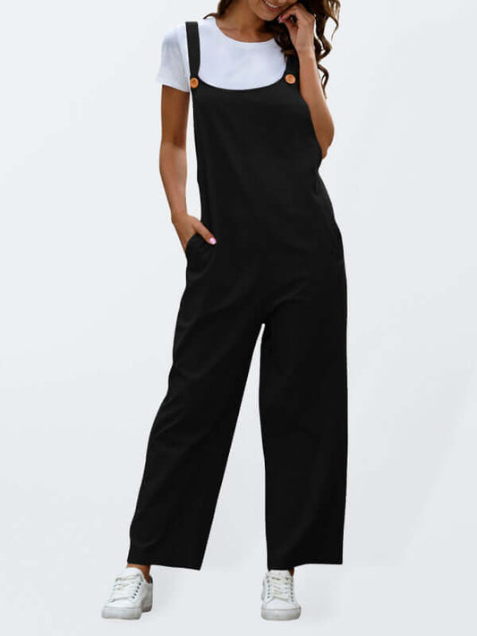 Casual women's black woven retro overalls with square collar and slant pockets, perfect for spring-summer wear.