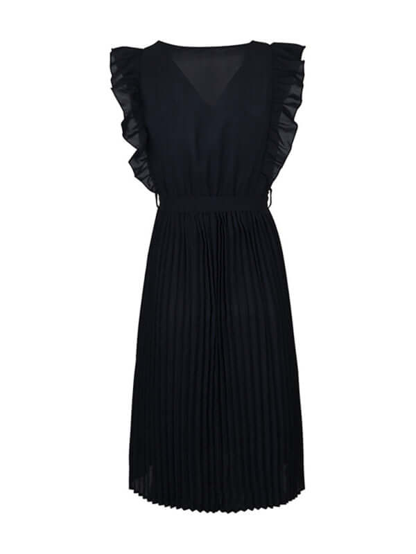 Women's black solid color sleeveless ruffle dress with pleats, perfect for spring-summer outings.