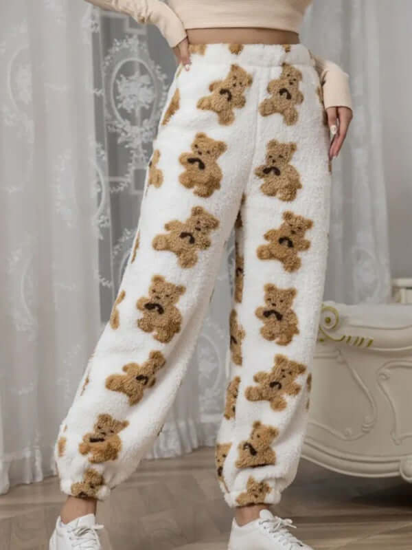 Cozy white coral fleece pajamas with teddy bear pattern, perfect for autumn-winter daily wear.