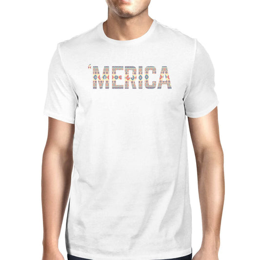 Men's white t-shirt with unique 'Merica' graphic design, featuring soft-washed cotton for ultimate comfort.