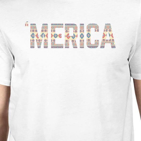 Men's white t-shirt featuring a unique graphic print of 'Merica in colorful design.