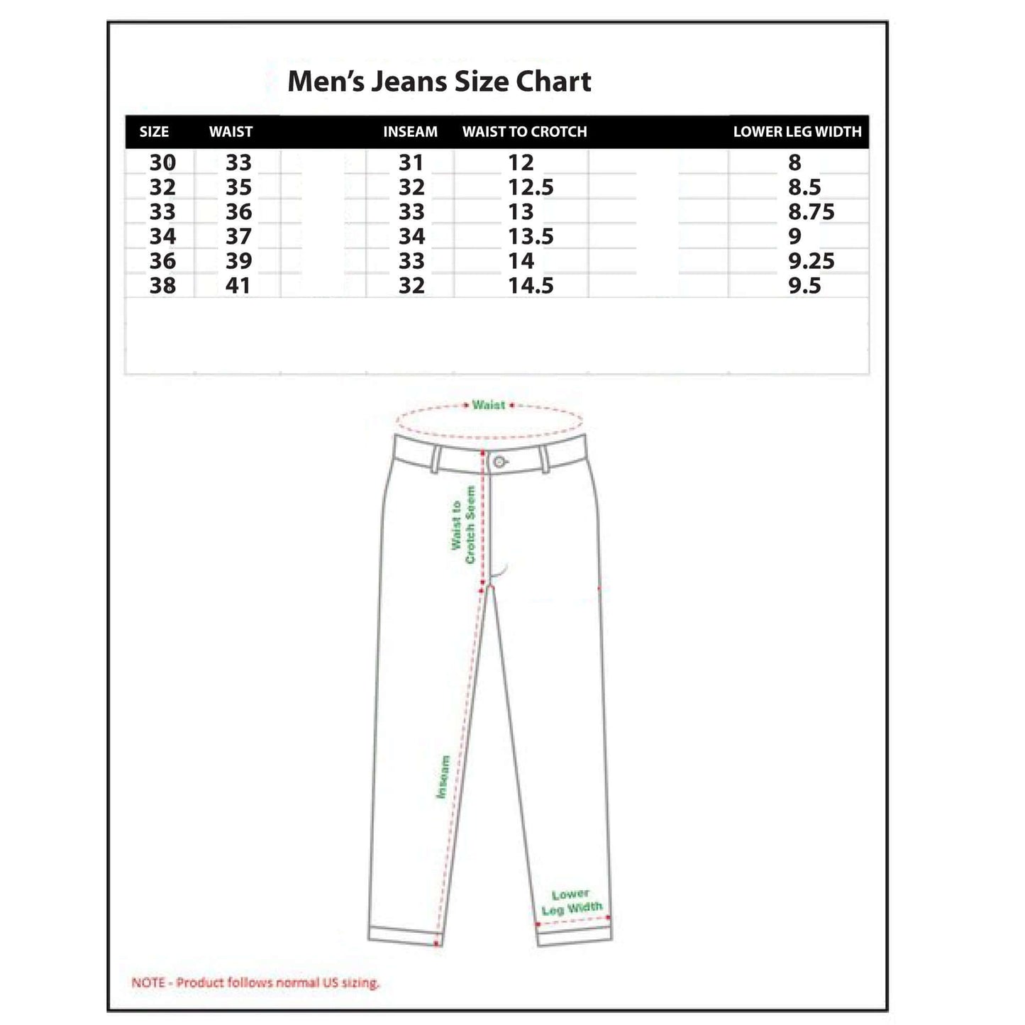 Men's jeans size chart displaying waist, inseam, and leg width measurements for various sizes.