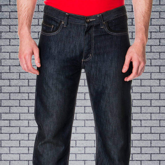 Men's premium dark wash jeans with classic straight-leg fit against a brick wall background.