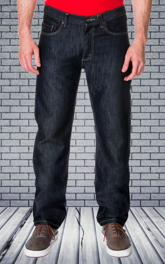 Men's premium dark wash straight-leg denim jeans, featuring logo embroidery, styled with a casual red top.