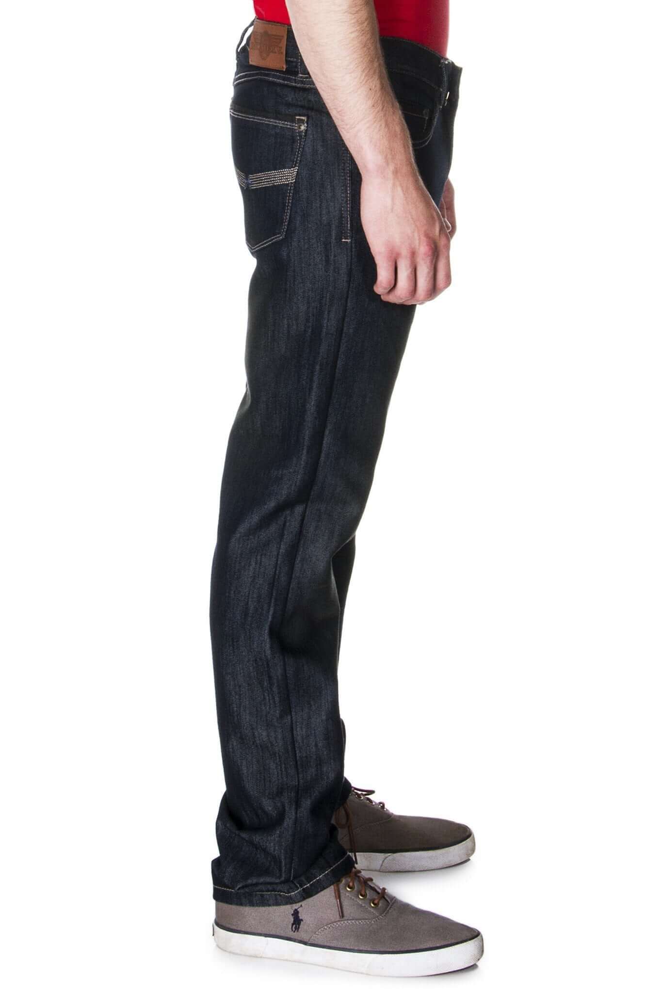 Side view of 65 McMlxv Men's Premium Denim Dark Wash Jean, showcasing straight-leg fit and modern style.