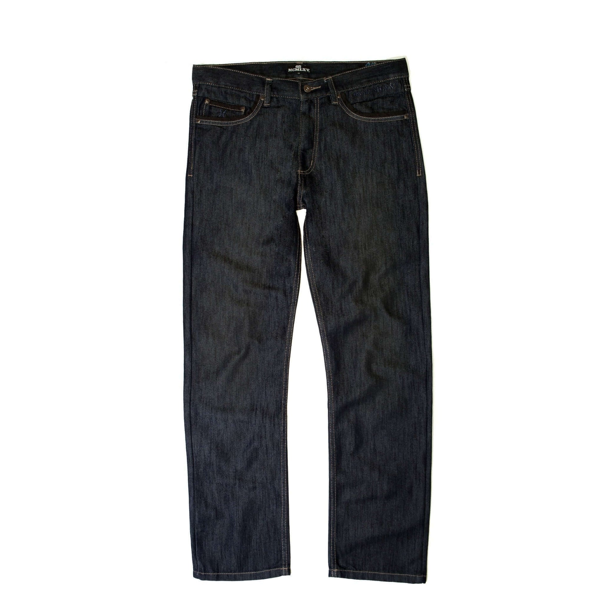 Modern straight-leg men's dark wash premium denim jeans with logo embroidery.