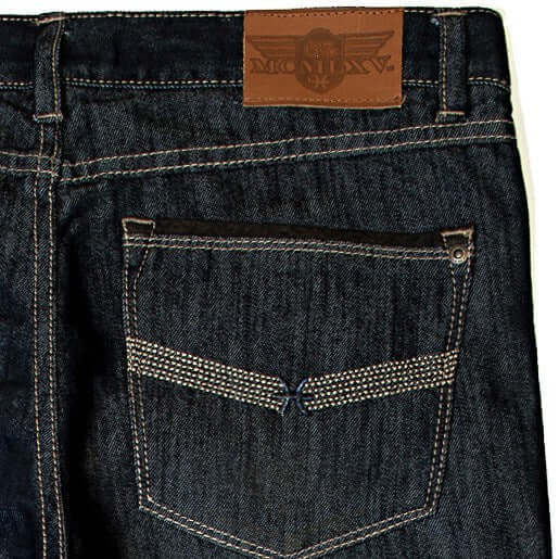 Back pocket detail of 65 McMlxv Men's Premium Denim Dark Wash Jean featuring logo embroidery and premium craftsmanship.