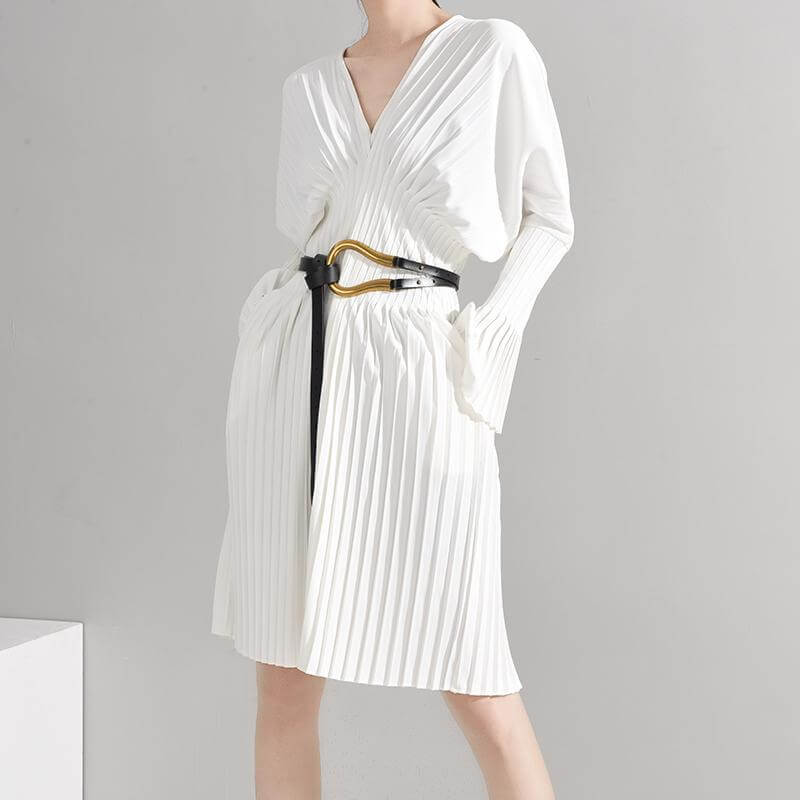 Sakiya pleated long sleeve shirt dress in white featuring a V-neck and a belted waist, casual and stylish design.