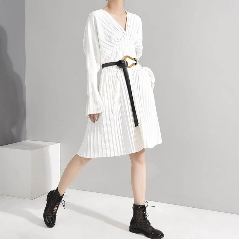 Sakiya pleated long sleeve shirt dress in white, featuring a V-neck and stylish belt, ideal for casual wear.