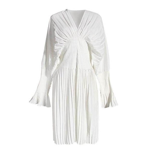 Sakiya pleated long sleeve shirt dress in white, featuring a knee-length cut and V-neck design, perfect for casual wear.