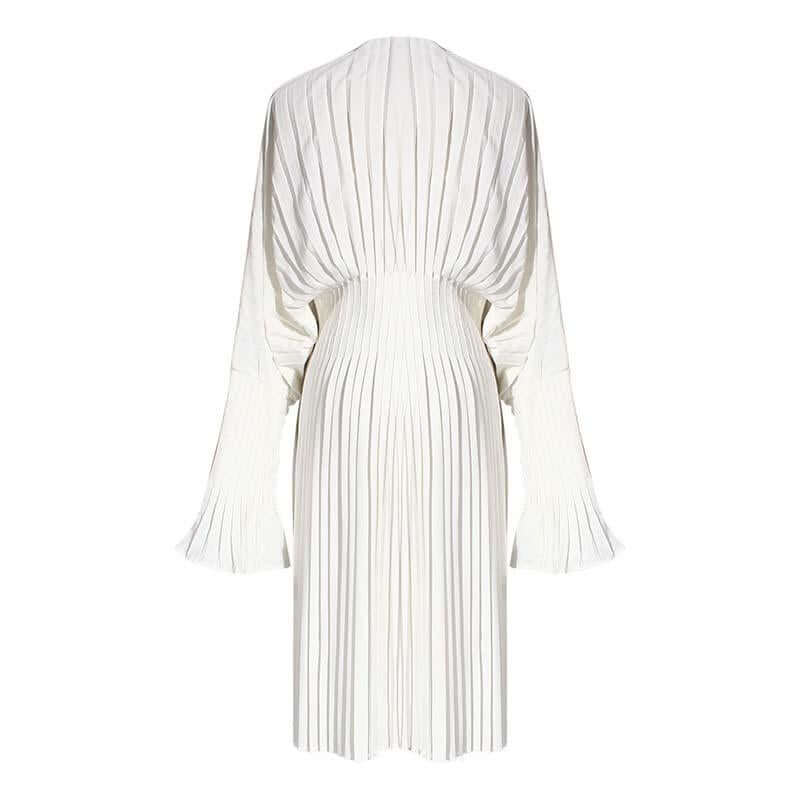 Back view of the Sakiya Pleated Long Sleeve Shirt Dress in white, featuring knee-length design and full sleeves.