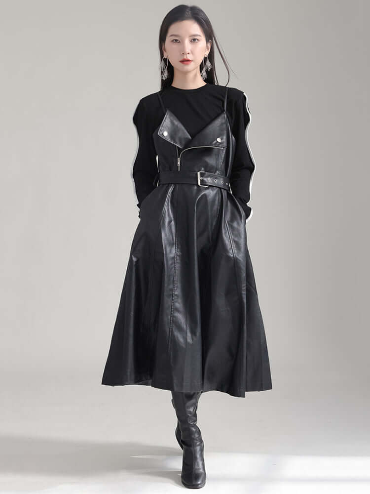 Musset Vegan Leather Dress in black, knee-length A-line silhouette with spaghetti straps and O-neck, showcasing a stylish look.