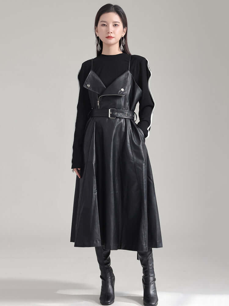 Musset Vegan Leather A-Line Dress in Black with Spaghetti Straps and Natural Waistline, Knee-Length Style.